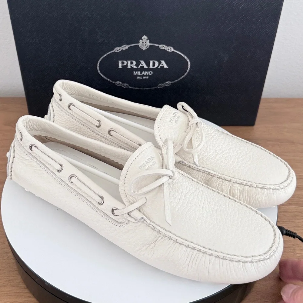 Prada Mens Bianco White Pebbled Leather Driving Loafers 2DD190 US Size 9